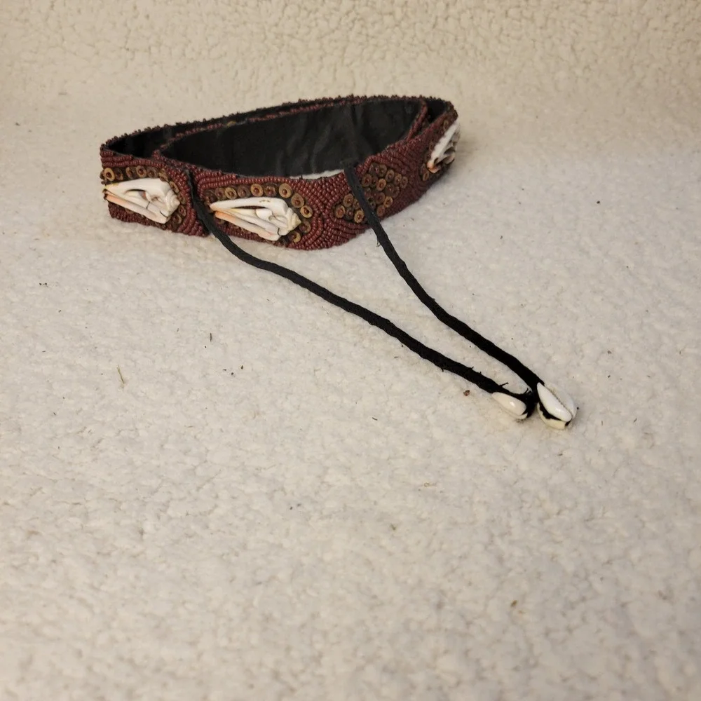 Handmade Beaded Cowrie‎ Shell Belt Red Brown Tribal Boho Waist Tie Festival